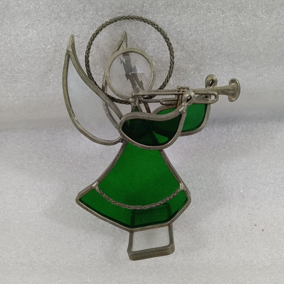 Angel Stained Leaded Glass Playing Trumpet Green Standing Suncatcher Signed - Picture 1 of 6